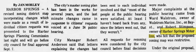 Best Western Of Harbor Springs (Harbor Springs Motor Lodge, Harbor Springs Motor Inn) - Aug 1976 Owner Disagrees With Zoning Change